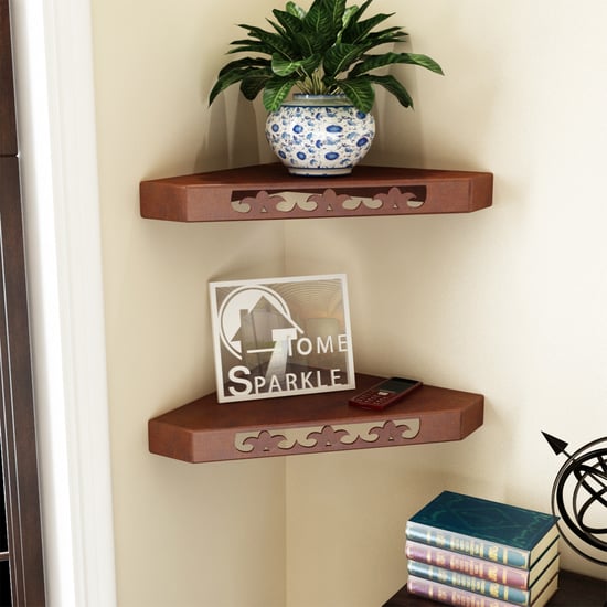 HOME SPARKLE Set of 2 Corner Wall Shelves - Brown