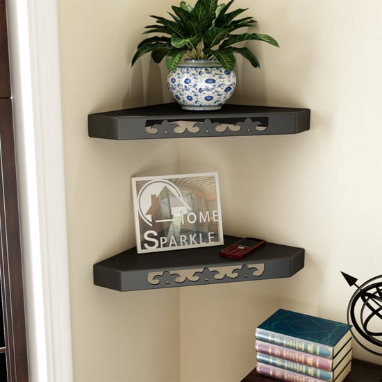 HOME SPARKLE Set of 2 Wooden Corner Wall Shelves - Black