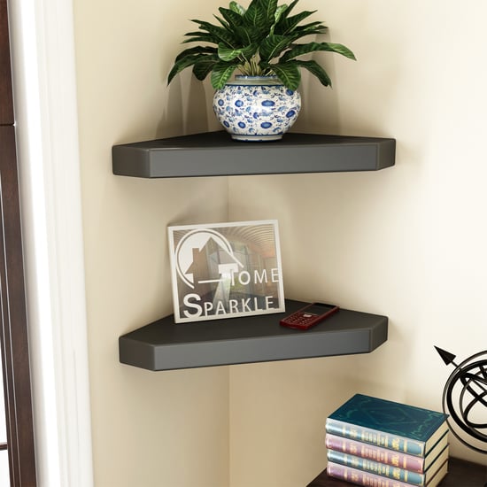 HOME SPARKLE Set of 2 Corner Wall Shelves - Black