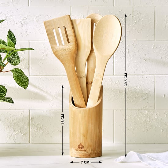 Chef Cubis Edulis 5Pc Bamboo Cutlery Set with Holder