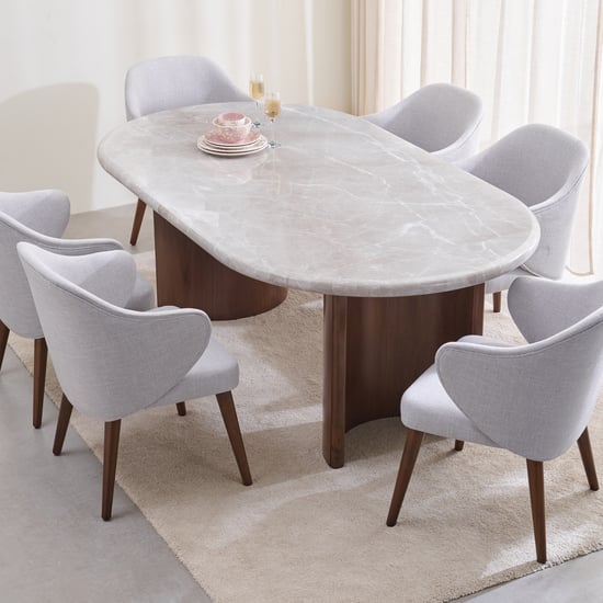 Pristyn Marble Top 6-Seater Dining Set with Chairs - Brown