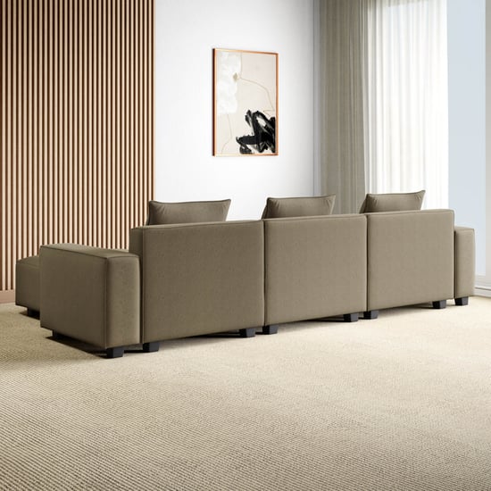 Helios Brigade Fabric 3-Seater Sofa with Ottomans and Cushions- Brown