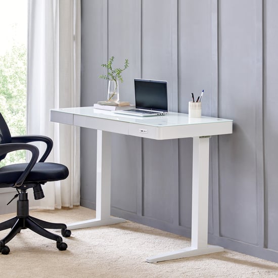 Trooper Tempered Glass Top Smart Study Desk - White