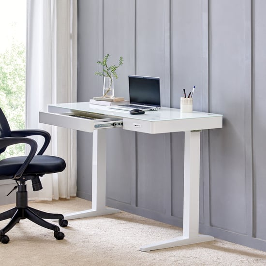 Trooper Tempered Glass Top Smart Study Desk - White