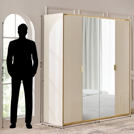 Modern Radiance 4-Door Wardrobe with Mirrors - Cream
