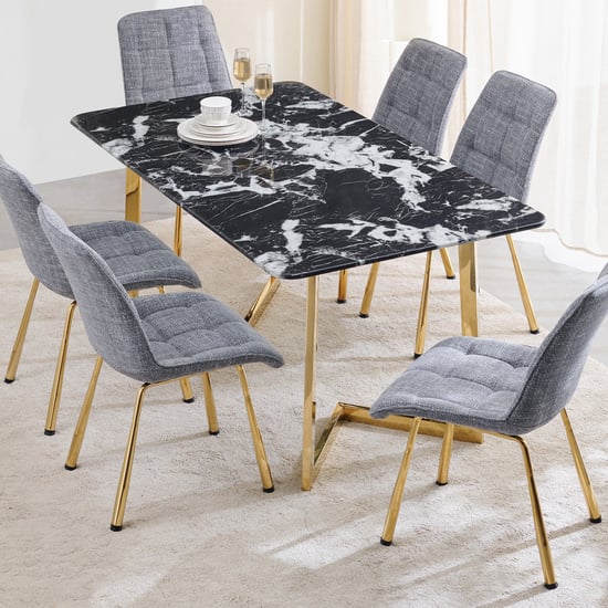 Bianca NXT Tempered Glass Top 6-Seater Dining Set with Chairs  - Black and Grey