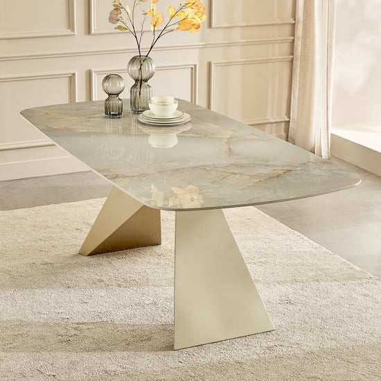 Homeshores Ceramic Top 6-Seater Dining Set with Chairs - Gold and Beige