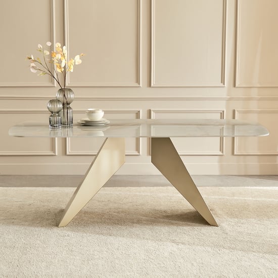 Homeshores Ceramic Top 6-Seater Dining Set with Chairs - Gold and Beige