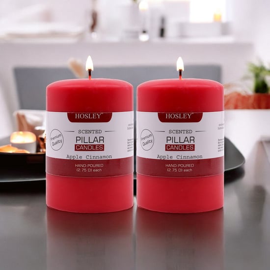 HOSLEY Set of 2 Apple Cinnamon Scented Red Pillar Candles