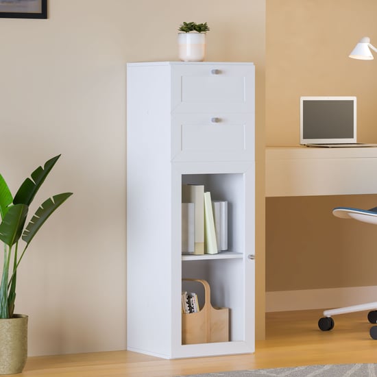 Helios Soho 1-Glass Door Book Cabinet with Drawers - White