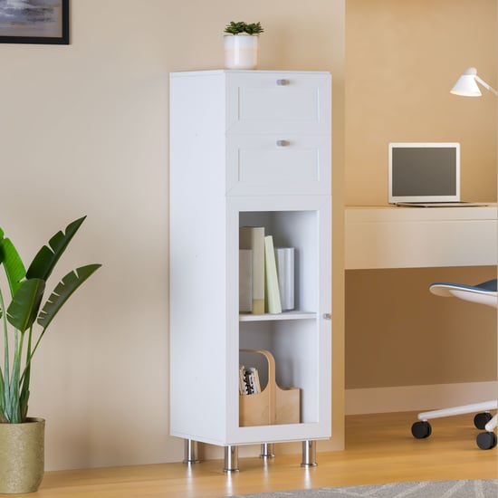 Helios Soho 1-Glass Door Book Cabinet with Drawers & Legs - White
