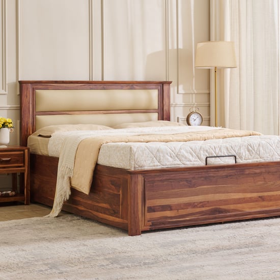 Adana Grand Taavi Sheesham Wood Queen Bed with Hydraulic Storage - Walnut