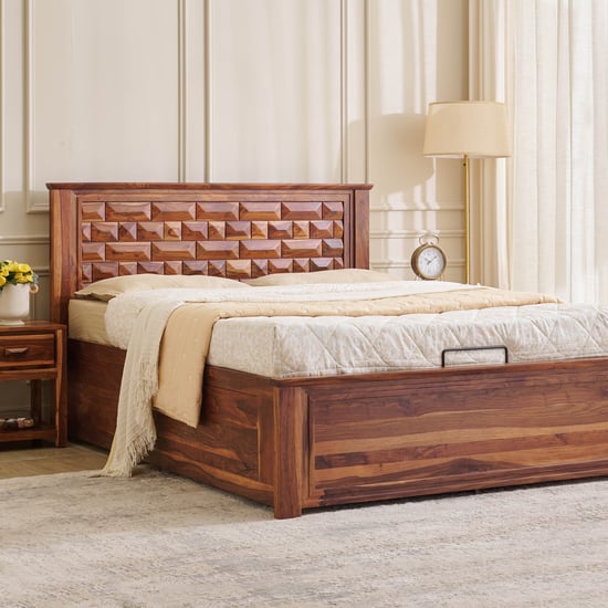 Adana Grand Swaram Sheesham Wood King Bed with Hydraulic Storage - Walnut