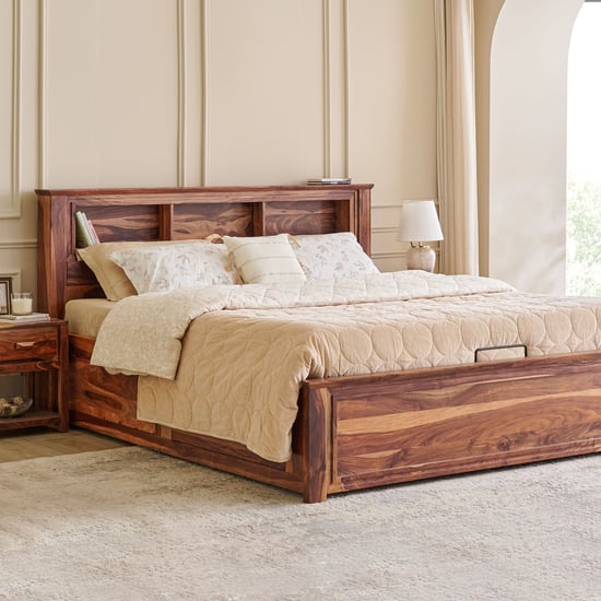 Adana Grand Yuga Sheesham Wood King Bed with Hydraulic Storage - Honey