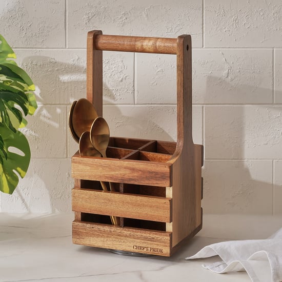 Chef's Pride Jepson Acacia Wood Lazy Susan Cutlery Holder