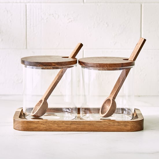 Chefs Pride Bristol Set of 2 Glass Condiment Jars with Acacia Wood Stand