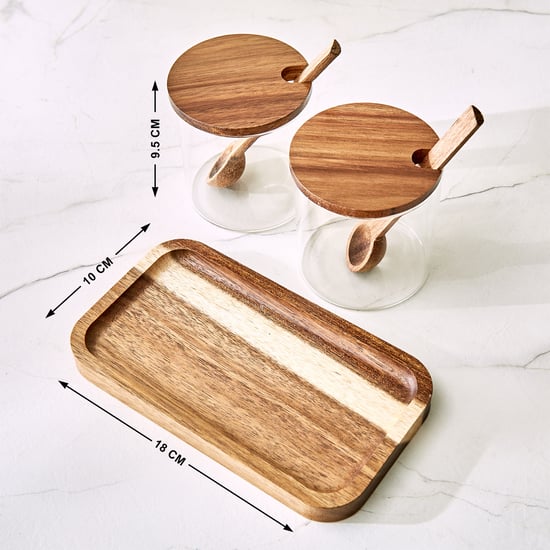 Chefs Pride Bristol Set of 2 Glass Condiment Jars with Acacia Wood Stand