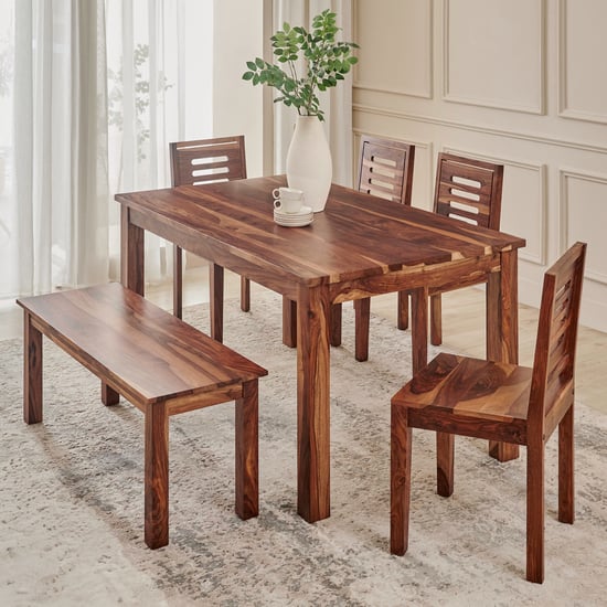 Adana Grand Sheesham Wood 6-Seater Dining Set with Chairs and Bench - Brown