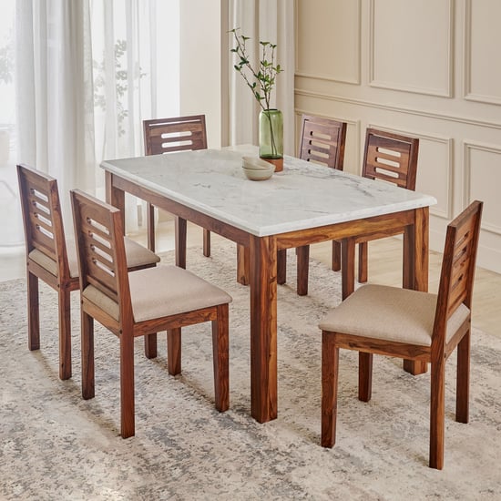 Adana Grand Marble Top 6-Seater Dining Set with Chairs - Brown and White