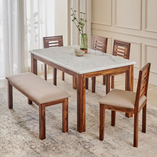 Adana Grand Marble Top 6-Seater Dining Set with Chairs and Bench - Brown and White