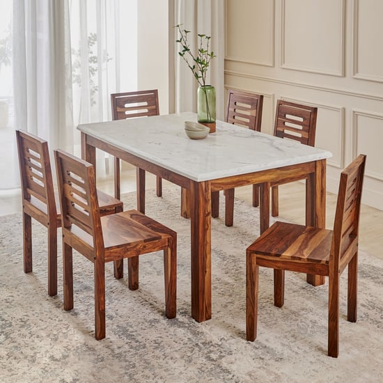 Adana Grand Marble Top 6-Seater Dining Set with Chairs - Brown and White