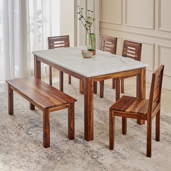 Adana Grand Marble Top 6-Seater Dining Set with Chairs and Bench - Brown and White