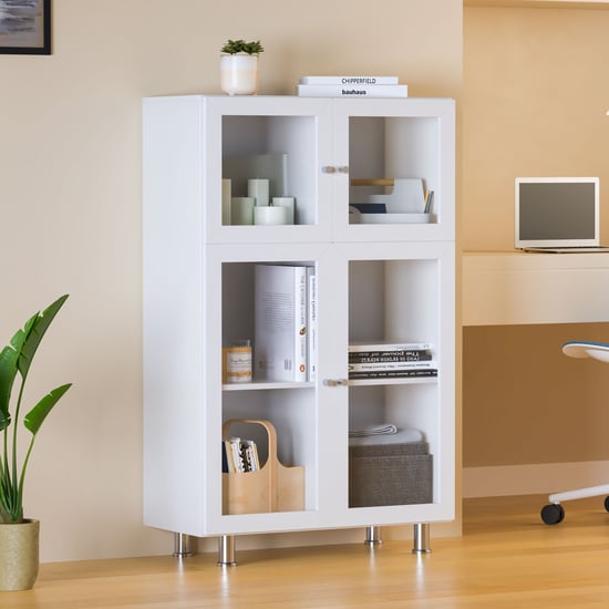 Helios Soho 4-Glass Door Book Cabinet with Legs - White