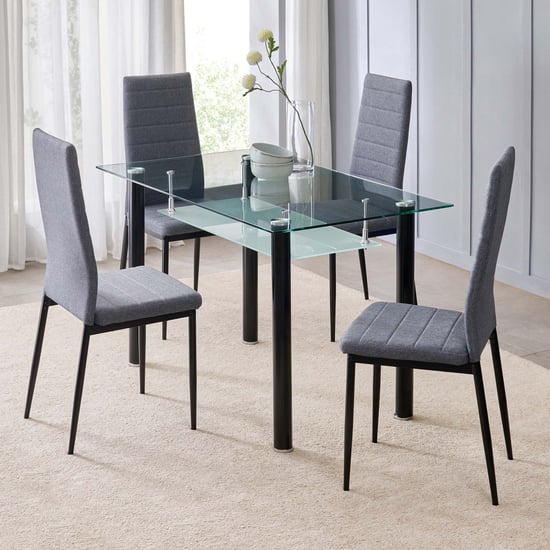 Helios Frank Tempered Glass Top 4-Seater Dining Set - Black and Grey