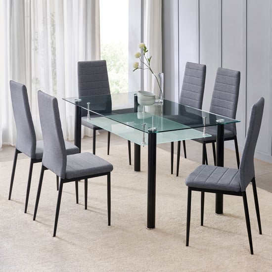 Helios Frank Tempered Glass Top 6-Seater Dining Set - Black and Grey