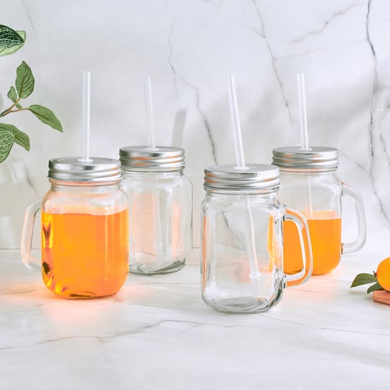 Marley Cuba Set of 4 Glass Mason Jar with Straw - 450ml