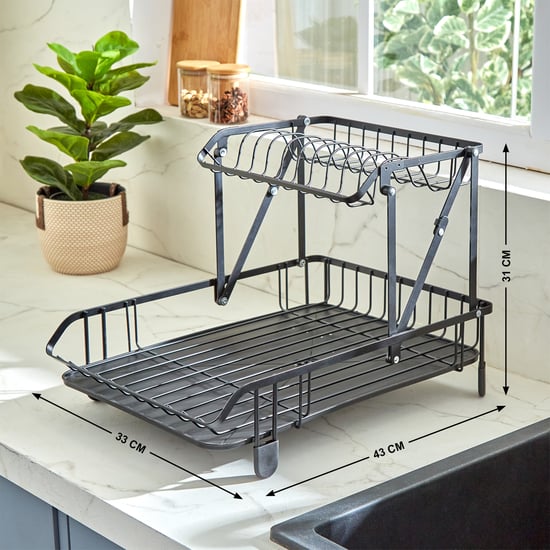 Orion Solace Metal 2-Tier Folding Dish Rack with Tray Black Metal