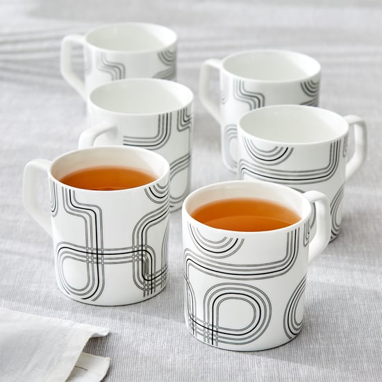 Mandarin Monochrome Set of 6 Bone China Printed Coffee Mugs - 230ml