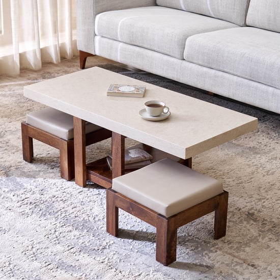 Giza Composite Marble Top Coffee Table with Stools - Walnut