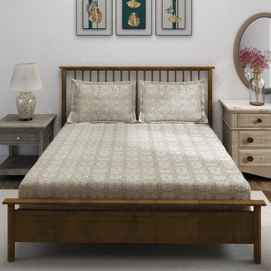 SWAYAM Ananda Cotton Printed 210TC 3Pcs King Fitted Bedsheet Set