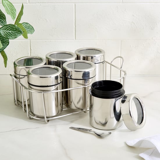 Glovia Corus Set of 6 Stainless Steel Spice Jars with Spoons and Stand - 200ml