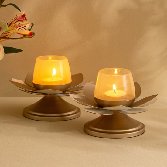 Tamaira Kamal Set of 2 Metal Lotus T-Light Holders