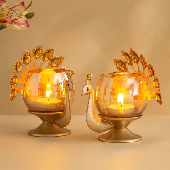 Tamaira Purl Set of 2 Metal Peacock T-Light Holders