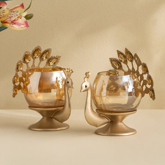 Tamaira Purl Set of 2 Metal Peacock T-Light Holders