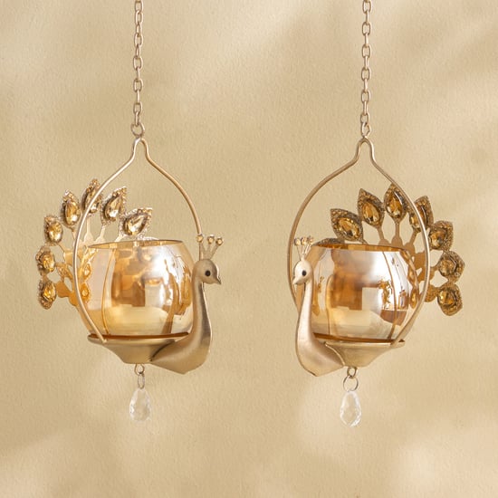 Tamaira Purl Set of 2 Metal Peacock Hanging Votive Candle Holders