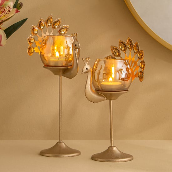 Tamaira Purl Set of 2 Metal Peacock Pedestal T-Light Holders