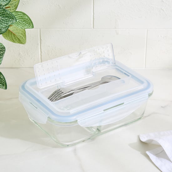 Korobka Astero Borosilicate Glass Divider Lunch Box with Cutlery - 980ml