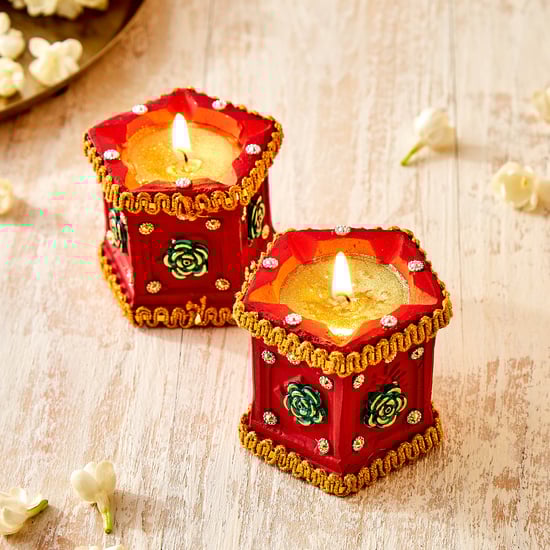 Utsav Set of 2 Clay Embellished Tulsi Diyas