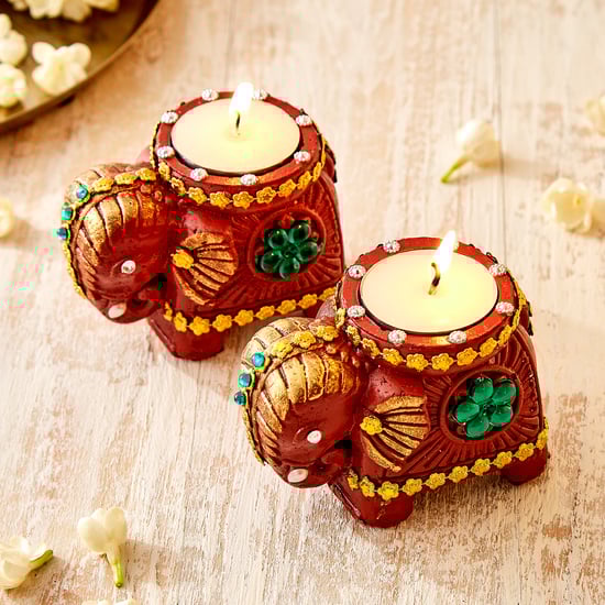 Utsav Set of 2 Clay Embellished Elephant Diyas
