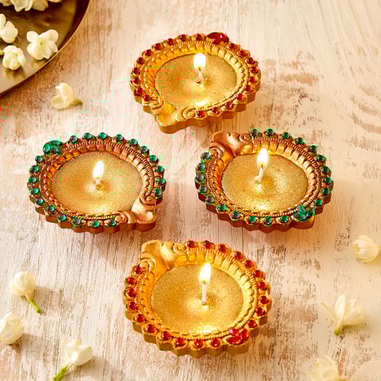 Utsav Set of 4 Clay Embellished Leaf Diyas