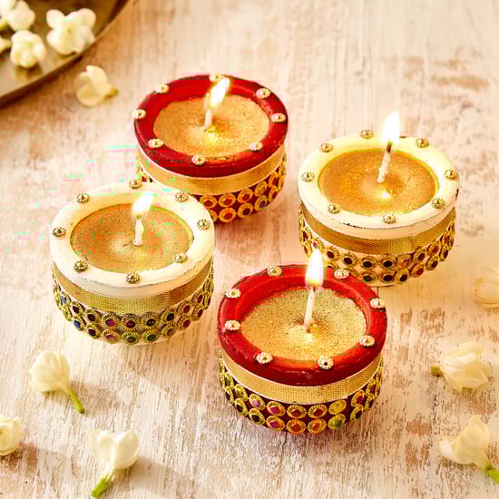 Utsav Set of 4 Clay Embellished Handi Diyas