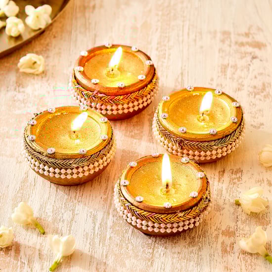 Utsav Set of 4 Clay Embellished Matki Diyas