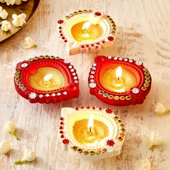 Utsav Set of 4 Clay Embellished Leaf Diyas