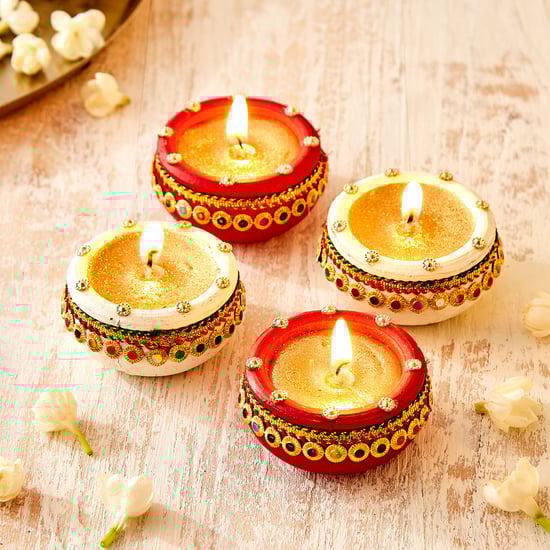 Utsav Set of 4 Clay Embellished Matki Diyas