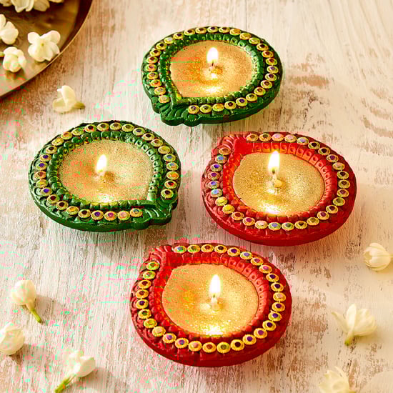 Utsav Set of 4 Clay Embellished Diyas