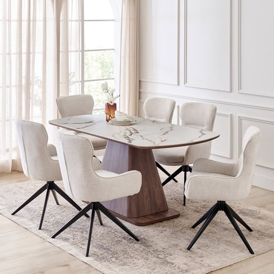 Hadley Ceramic Top 6-Seater Dining Set with Chairs - Walnut and White